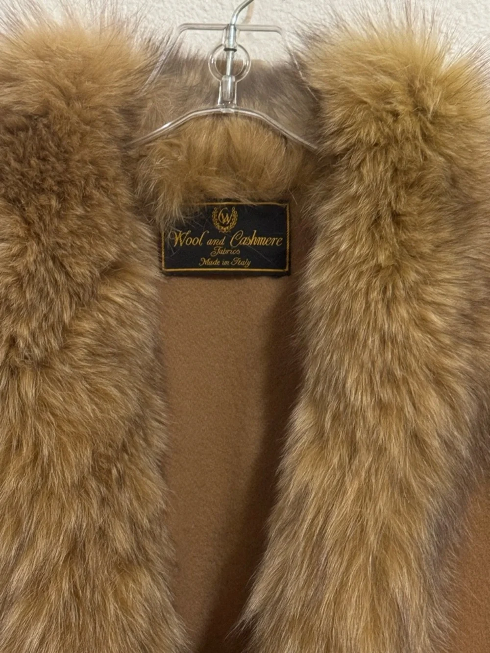 Lux Cashmere Fox Fur Trimmed Wrap Cape in Neutral Camel Italian Made FLAWS - Picture 3 of 10